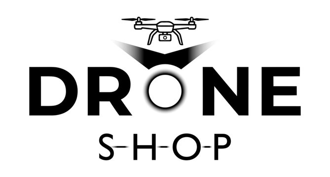 Minimalist black and white logo design for a professional drone shop featuring a modern quadcopter icon and text