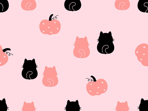 Cute seamless Halloween pattern featuring black and coral cat silhouettes with playful pumpkins on a soft pink background in minimalist flat vector style for fabric, wrapping paper, kids apparel, wall