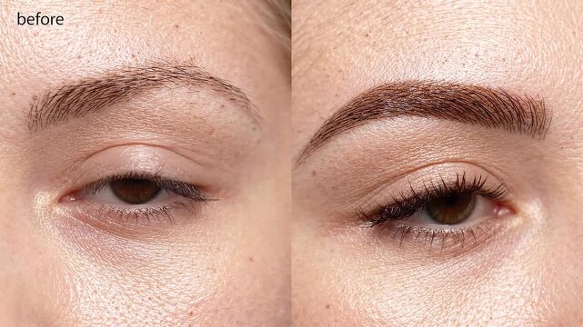 Before and after comparison of woman eyebrow microblading and permanent makeup treatment