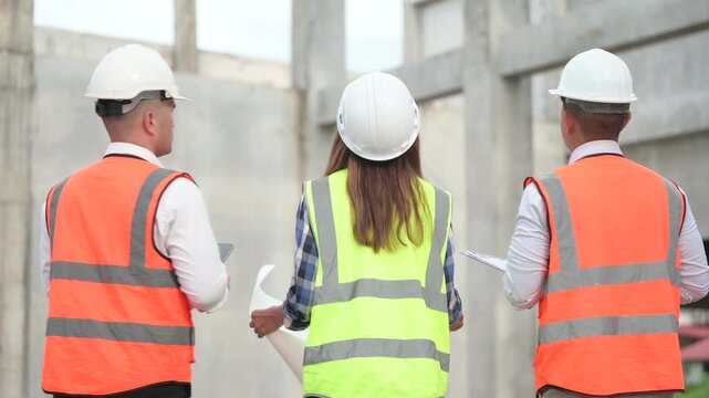 Architects and construction engineers review structural and architectural plans at a building site. Concept of construction planning, structural design, teamwork, and project development.