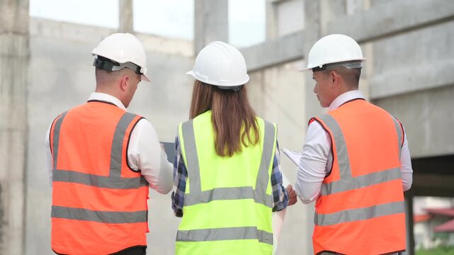 Architects and construction engineers review structural and architectural plans at a building site. Concept of construction planning, structural design, teamwork, and project development.