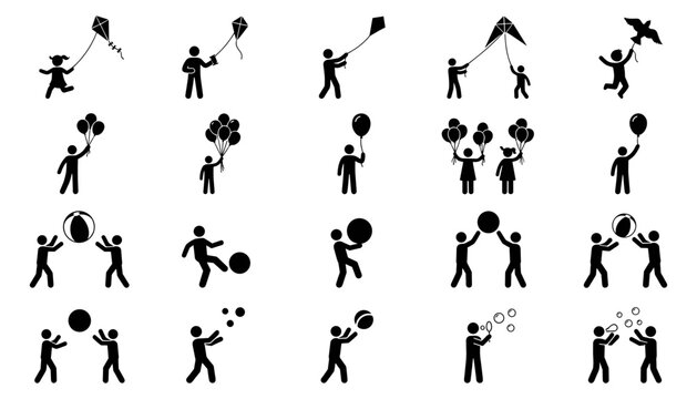 Set of stick figure icons depicting children and people playing with toys
