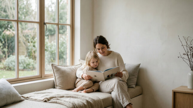 Mother and young daughter reading a picture book together on a cozy window seat in soft natural daylight, family storytime concept photography concept