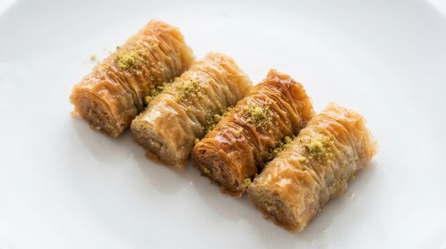 Four pieces of traditional baklava pastry with pistachios isolated on white background
