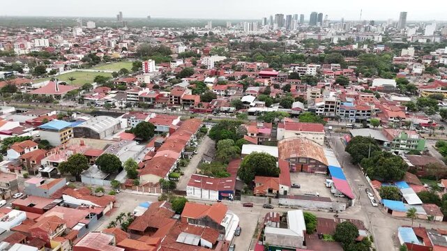 Urban real estate development slow tracking shot from drone.
