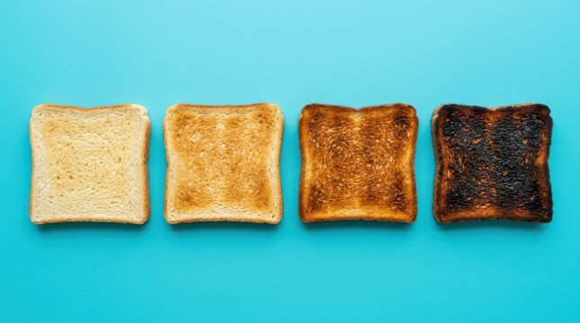 Four slices of bread toasted to different levels of doneness arranged in a row on a blue background