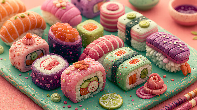 Assorted sushi rolls and nigiri are displayed in a colorful hand drawn style