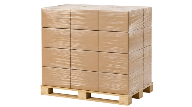 Stack of empty brown cardboard boxes shrink-wrapped on wooden pallet ready for shipping and storage