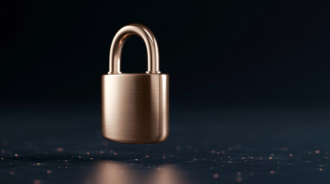 Bronze padlock floating over abstract network of points and lines.