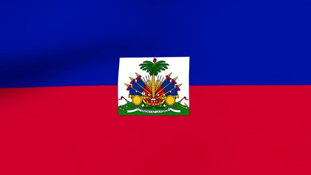 Waving flag of Haiti with blue and red horizontal stripes and national coat of arms