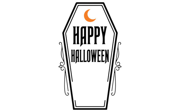Happy halloween message inside a coffin shape with a crescent moon illustration