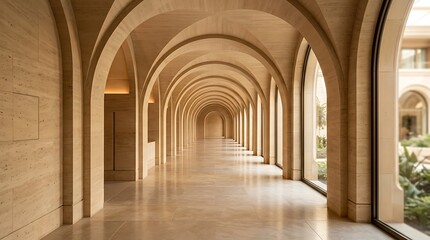 Fototapeta premium Long corridor with arched brick walls and natural light