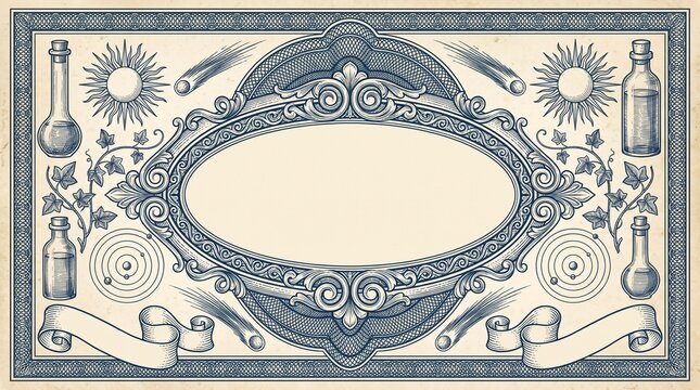 Alchemy potion bottle label frame engraving with sun comet orbits and blank oval banner
