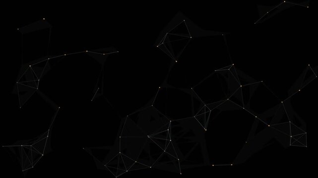 Abstract digital network with glowing white dots and connecting lines on a dark black background representing technology data communication and global internet connectivity