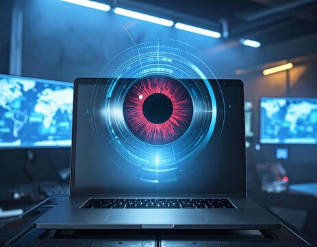 Glowing red digital eye on a laptop screen evokes a sense of cyber surveillance and AI monitoring in a dark tech room. Futuristic network security concept with nobody around.
