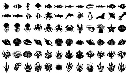 Obraz premium Mega Marine Life and Sea Creatures Silhouette Icon Set Featuring Tropical Fish Shells Coral Reef Seaweed Octopus and Crustaceans for Oceanography Designs