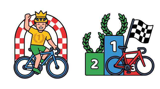 Two cyclists racing with flags and numbers Vector