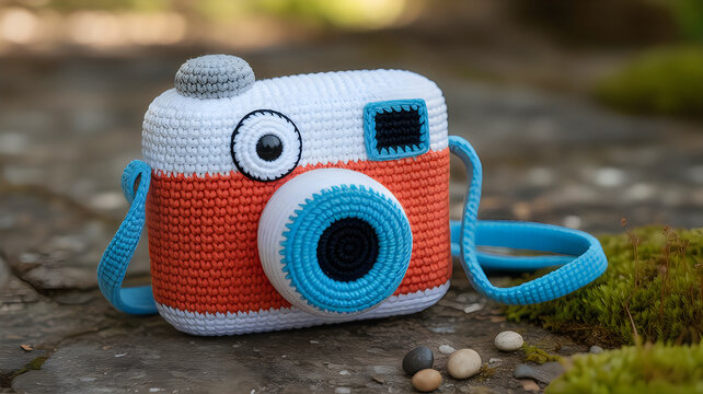 Retro camera with film rolls on colorful pixel art background