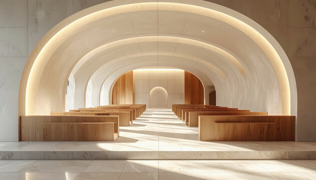 Modern minimalist church interior with arched ceiling and wooden pews, bathed in warm sunlight