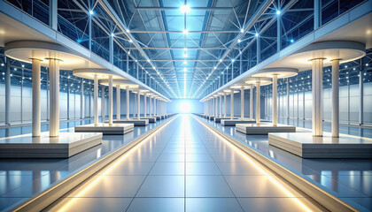 Naklejka premium Expansive futuristic corridor with polished floors and rows of cylindrical columns leading to a bright light