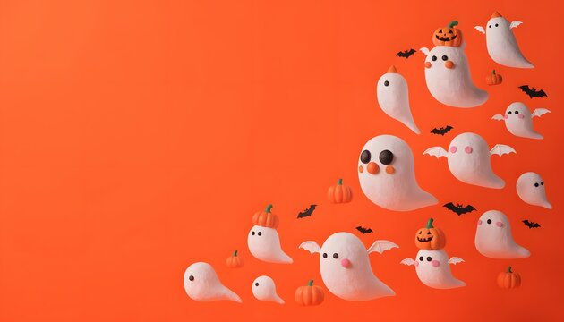 Cute 3D Halloween Ghost Parade Floating on Orange Background