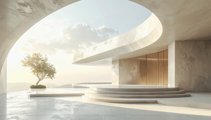 Fototapeta premium Modern minimalist architecture with curved lines and soft sunlight, overlooking a serene landscape