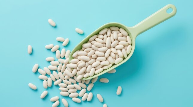 White beans in a green scoop on a blue background