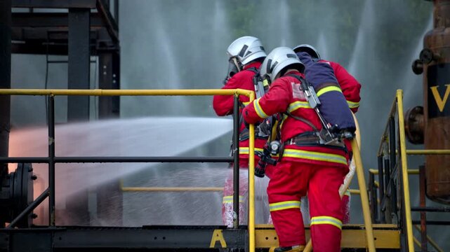 Firefighters work together, climbing ladders to the upper floor with water hoses, during professional firefighting training at an industrial training facility