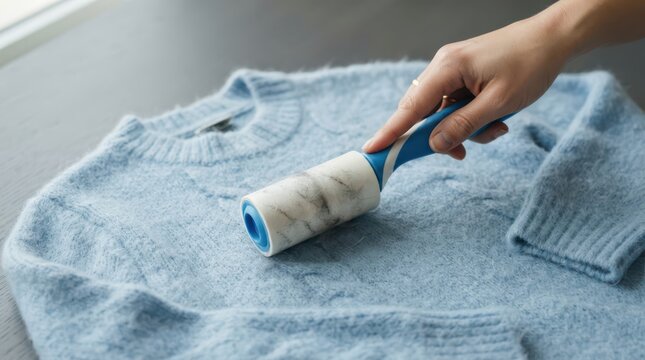 Hand using a lint roller on a blue knitted sweater