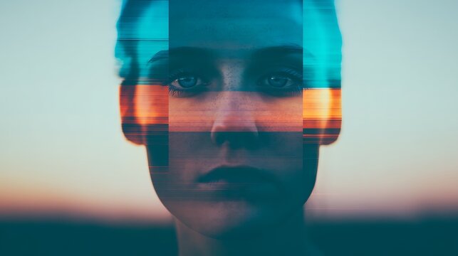 A face overlapped with horizontal glitch effects in blue and orange hues, creating a surreal and digital distortion against a blurred background.