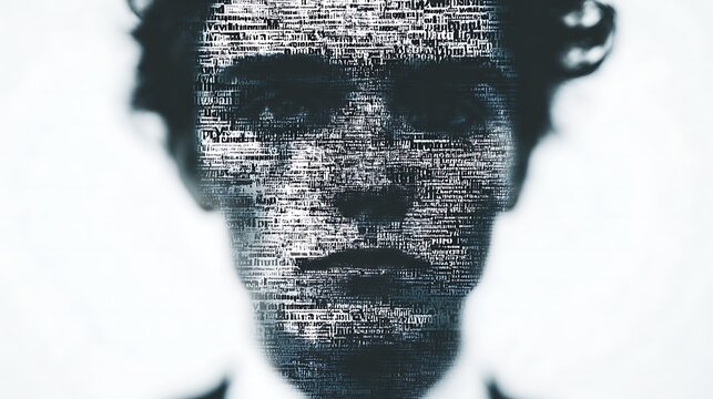 A human face composed of dense, small black text on a white background, creating a digital and abstract visual effect.