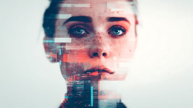 A digital portrait blending a woman's face with glitch effects and cityscape elements, creating a futuristic and abstract visual.