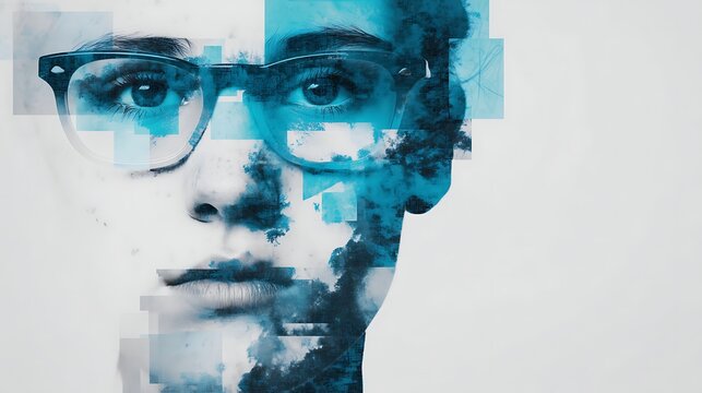 A digital art portrait blending a woman's face with blue abstract geometric shapes and textures, highlighting creativity and technology fusion.