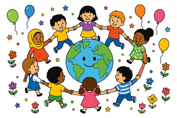 Diverse group of happy children holding hands around a smiling planet earth