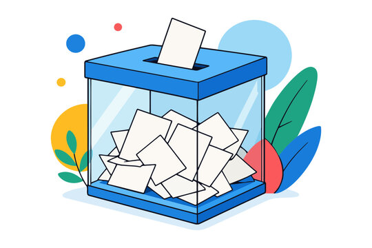 Blue voting ballot box with many paper ballots for election day illustration