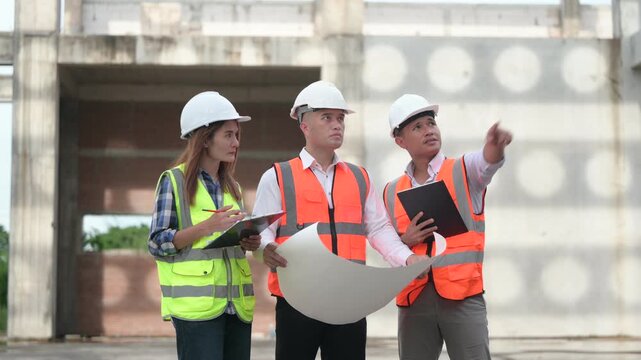 Architects and construction engineers review structural and architectural plans at a building site. Concept of construction planning, structural design, teamwork, and project development.