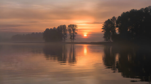 Sunset over calm lake with trees and reflection at dusk