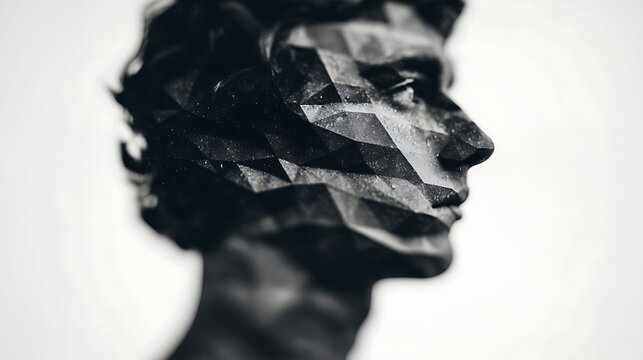 A stylized black and white profile of a human face with geometric, faceted textures creating a fragmented and abstract effect.