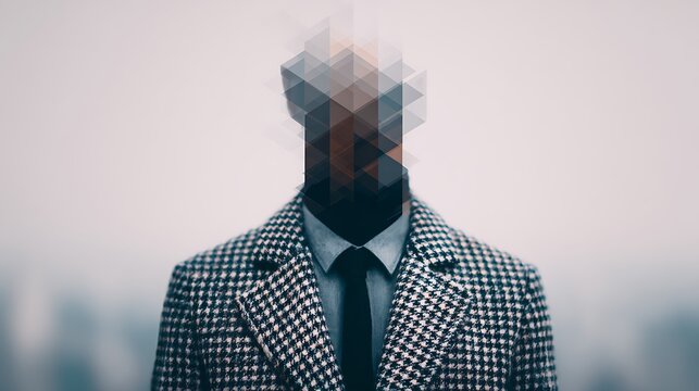 A surreal image of a person in a patterned coat with a distorted, pixelated face blending into geometric shapes against a muted background.