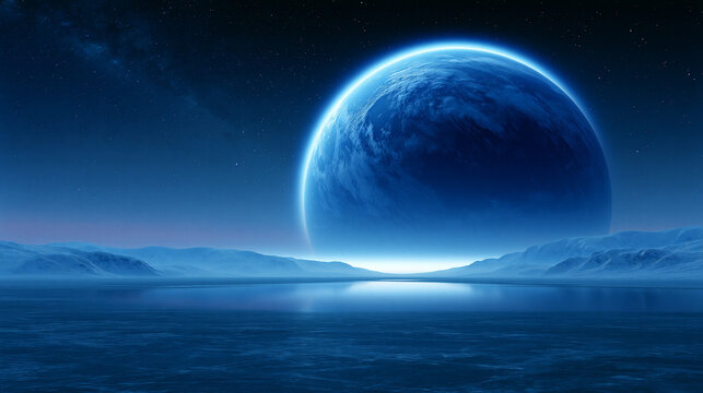 Cosmic alien planet surface featuring giant moon above dark icy landscape for science fiction world building backgrounds.