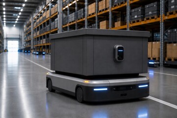 Naklejka premium An autonomous warehouse robot for cargo transportation, a concept for intelligent automation and increased logistics efficiency, and an advanced robotic vehicle operating between industrial racks