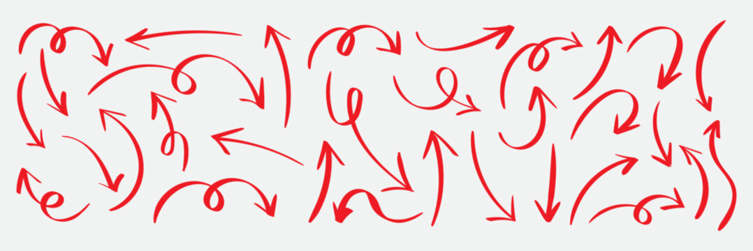 Hand Drawn Doodle Arrow Icons Collection with Curved, Circular, Loop and Directional Sketch Arrows, directional arow