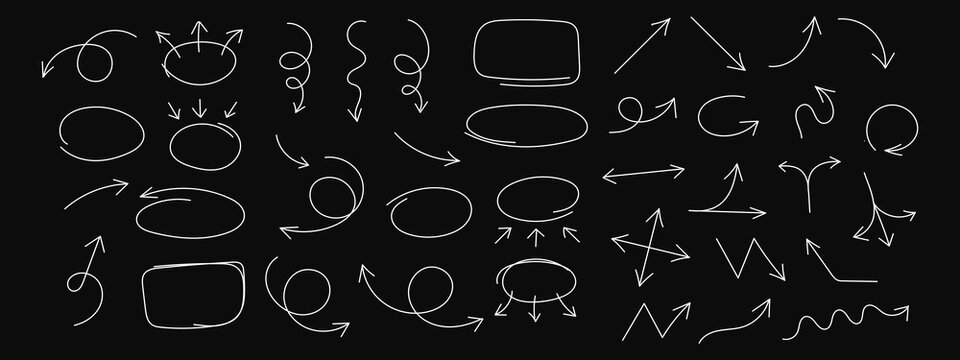 Collection of hand drawn doddle arrow set. Set of brush stroke of curly arrow collection. Sketch curved arrows design vector collection