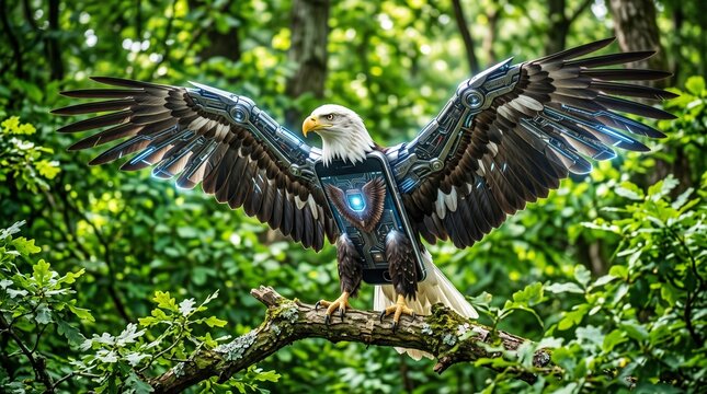 Cybernetic bald eagle with mechanical wings perched on a tree branch in a lush forest