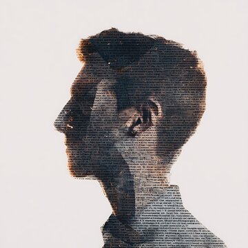 Silhouette of a man's profile creatively filled with overlapping text, blending human form and typography in an artistic double exposure style.