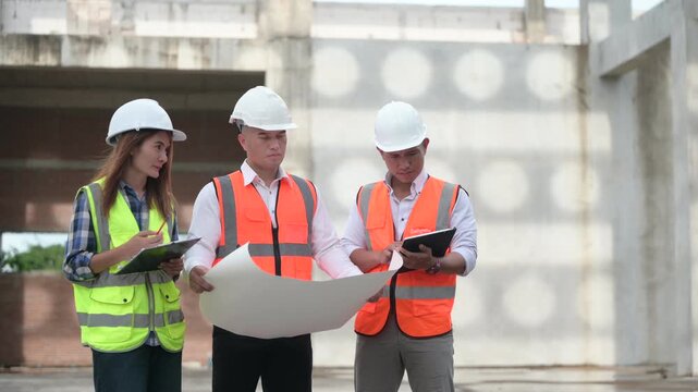 Architects and construction engineers review structural and architectural plans at a building site. Concept of construction planning, structural design, teamwork, and project development.