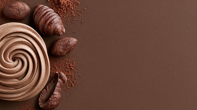 Creamy chocolate swirl with raw cacao beans and powder for premium food marketing background.