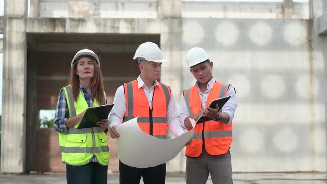 Architects and construction engineers review structural and architectural plans at a building site. Concept of construction planning, structural design, teamwork, and project development.
