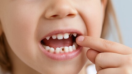 Fototapeta premium Child points to decayed tooth cavity medical health care concept