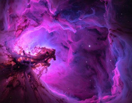 A vibrant magenta and purple cosmic nebula swirls in deep space with glowing stars, evoking wonder and awe. No people. Ideal abstract background for science and fantasy themes.